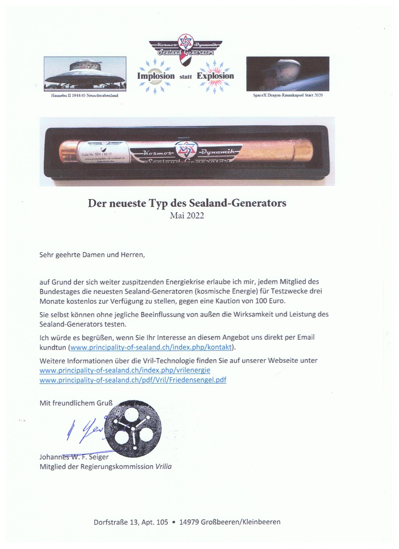 Brief an Bundestagsabgeordnete zur Vril-Technologie